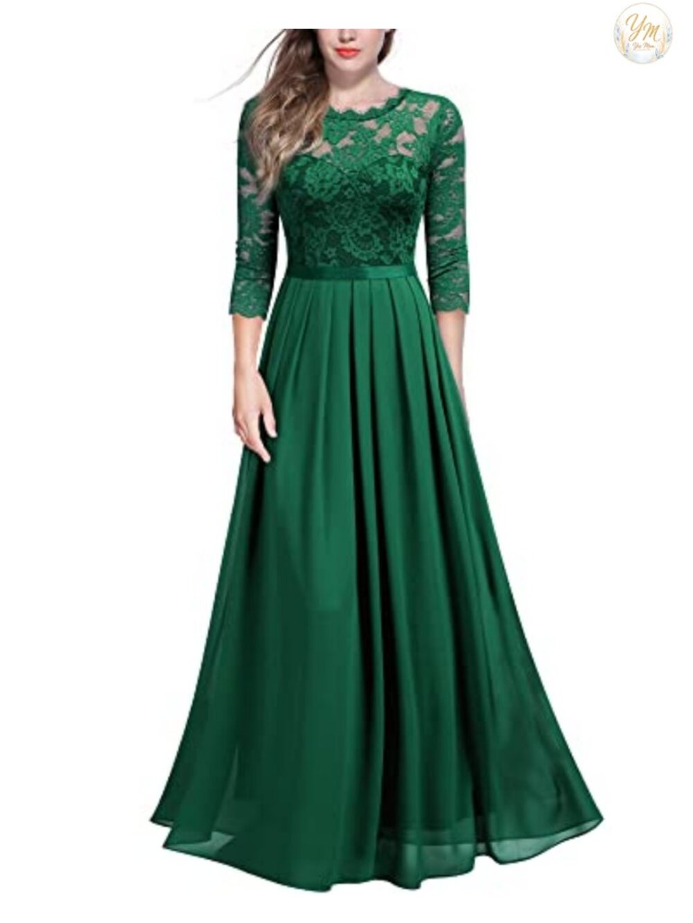 Elegant Floral Lace 3/4 Sleeve Bridesmaid Formal Maxi Dress Scoop Neck A-Line